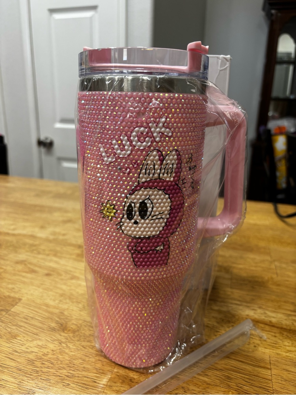 Labubu Pink Rhinestone Insulated 40 oz Travel Mug With Straw